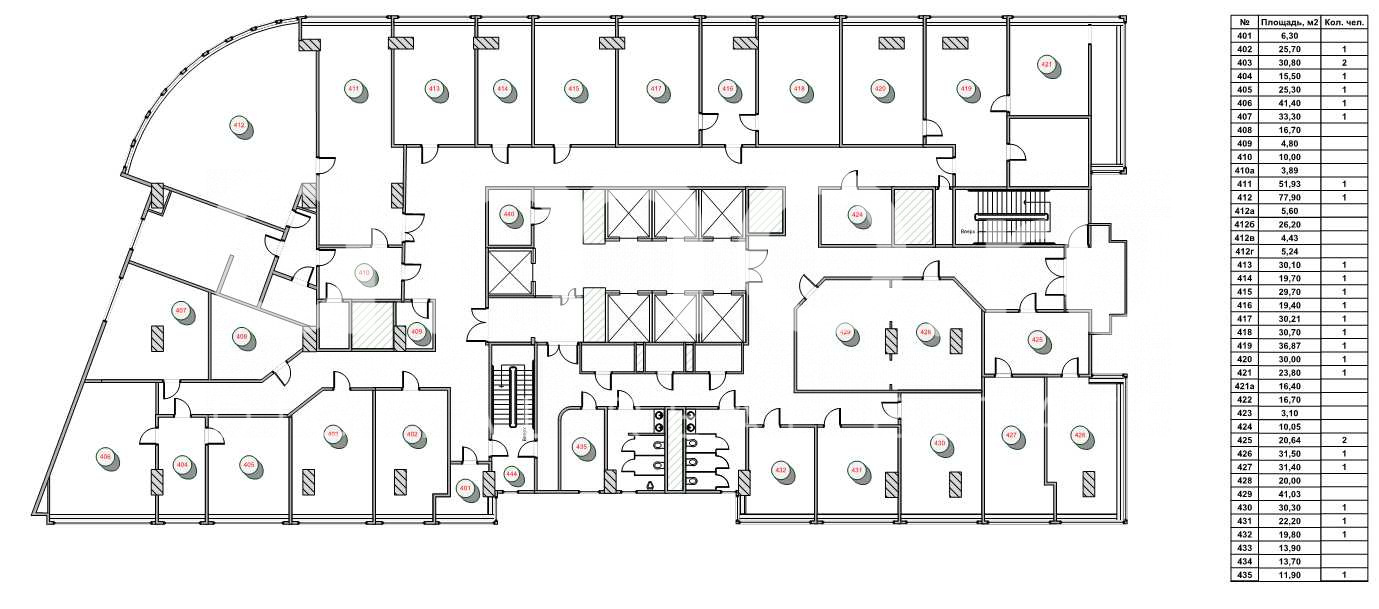 Планировка офиса 1396.5 м², 4 этаж, Бизнес-центр «Газойл Плаза»